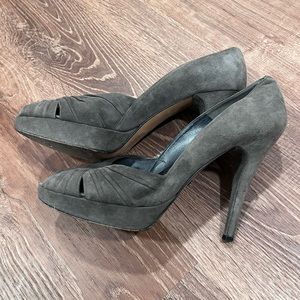 Stuart Weitzman Gray Suede Open Toe Heels Platform Stiletto Pumps Sz 9